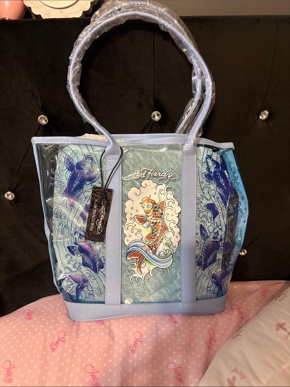 Ed Hardy Pastel Blue Koi Print Clear Tote